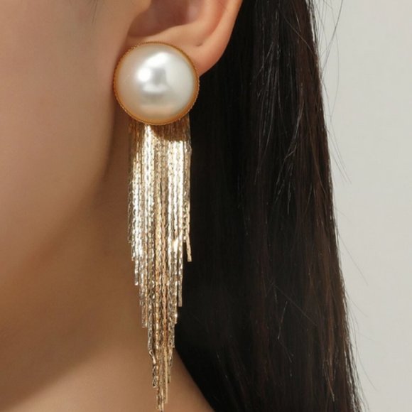 . Jewelry - Faux Pearl Metal Tassel Drop Earrings